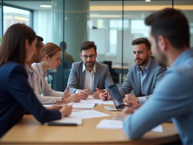 Professionals in a meeting room, discussing strategy, representing HR consulting services offered by the company
